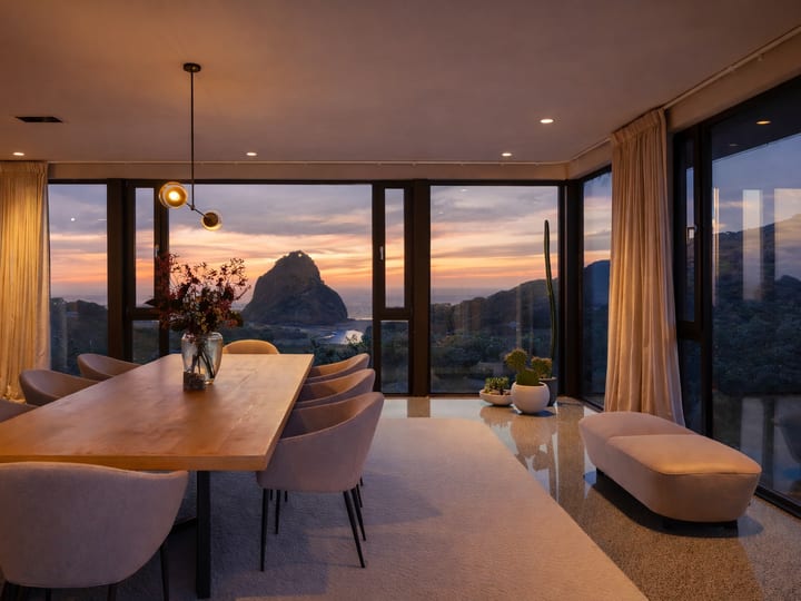 Open-plan dining room with long timber table and floor-to-ceiling glass overlooking rocky coastal view at dusk