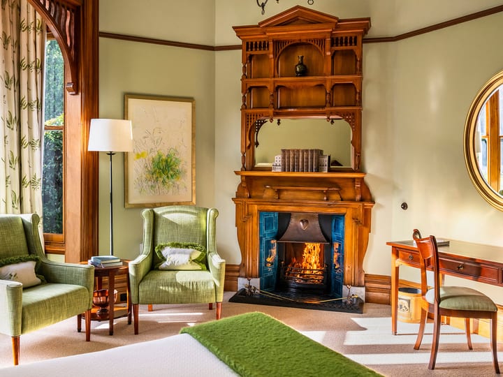 Heritage bedroom with carved timber mantelpiece, tiled fireplace, green wing chairs, and tall sash windows
