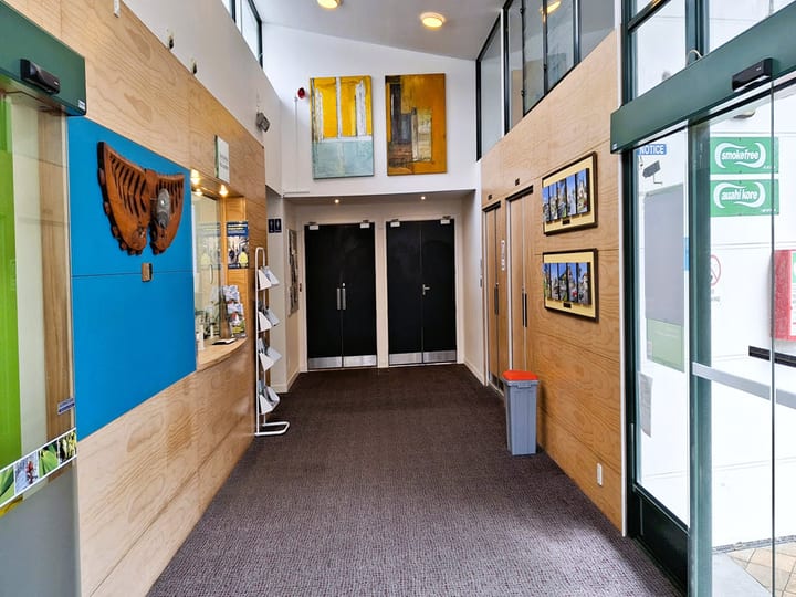 Entrance foyer with timber-clad walls, artwork, plywood ceiling panels and double doors