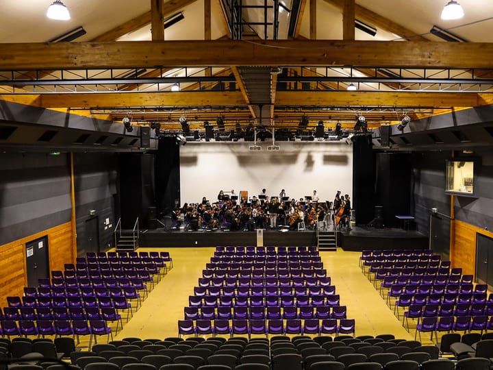 Timber-framed performing arts hall with rows of purple seats and an orchestra on stage