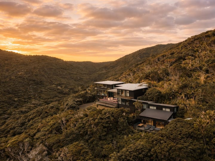 Aerial view of dark-clad multi-building property set in dense bush on hillside at sunset