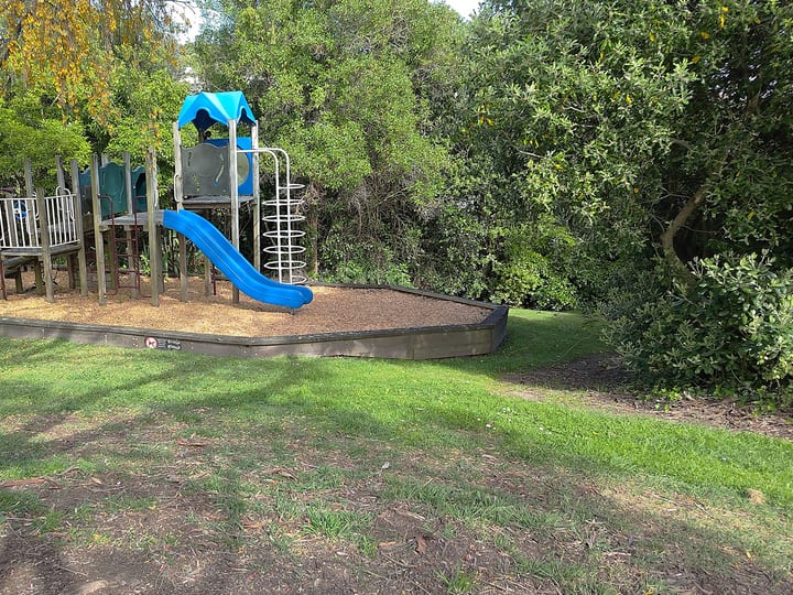 Playground structure with slide surrounded by wood chip and lawn, set among trees