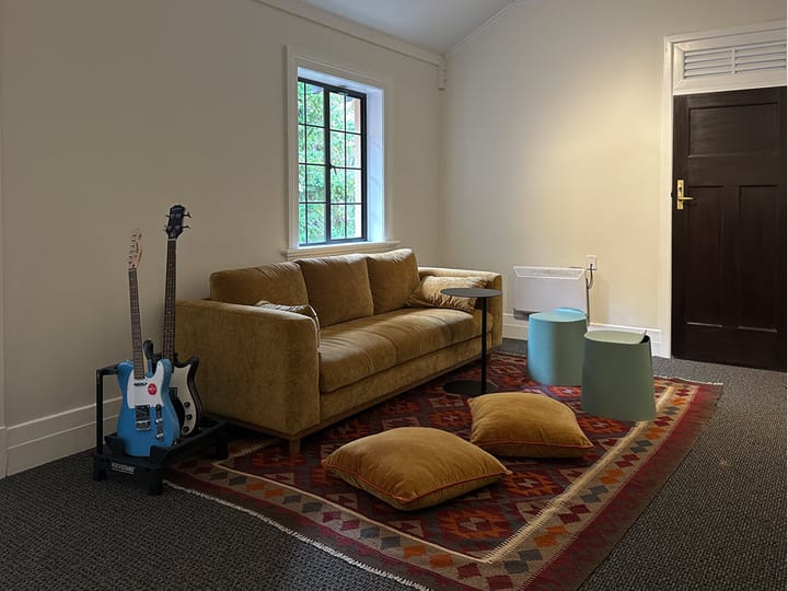 Room with sofa, cushions on floor, guitars on stands and a patterned rug