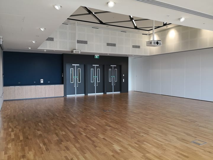 Timber-floored hall with navy doors, white walls, geometric ceiling, and folded partition wall
