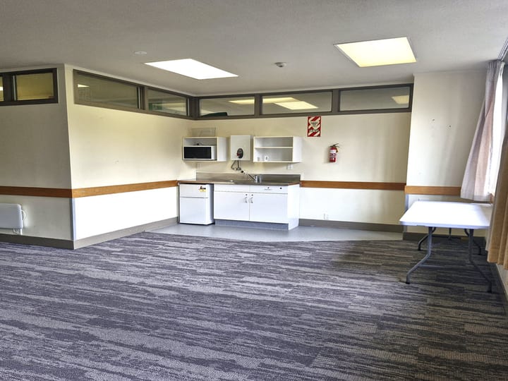 Plain hall room with kitchenette, carpet floor and skylights