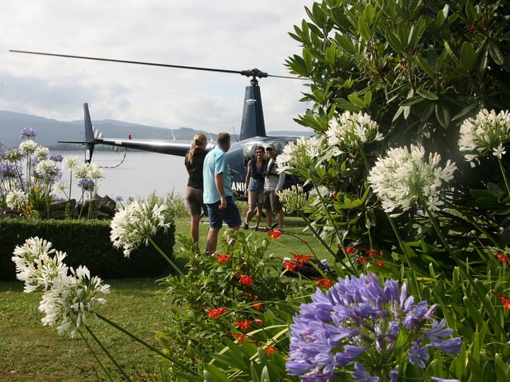 Garden with flowering plants, helicopter, and guests on lakefront property