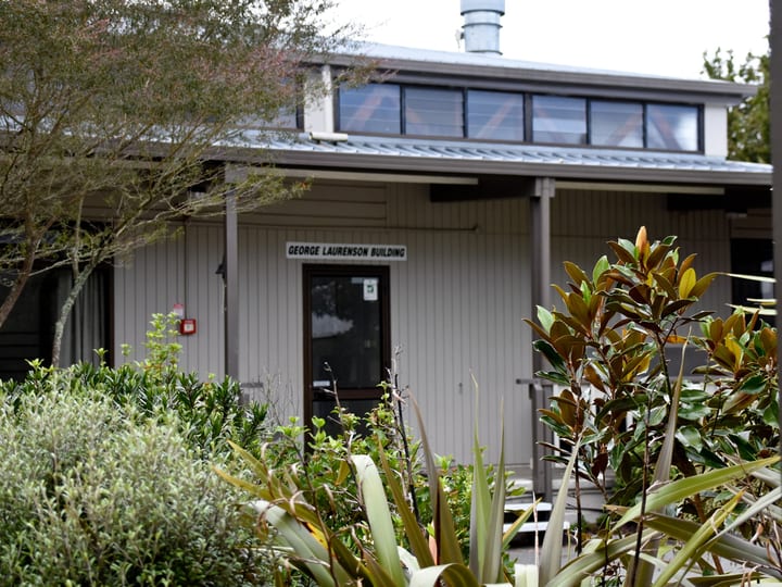Single-storey timber-clad retreat building with planting in the foreground