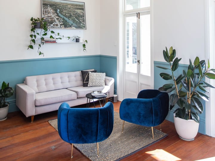 High-ceilinged lounge with plaster cornices, blue lower walls, timber floors, blue velvet armchairs and white sofa