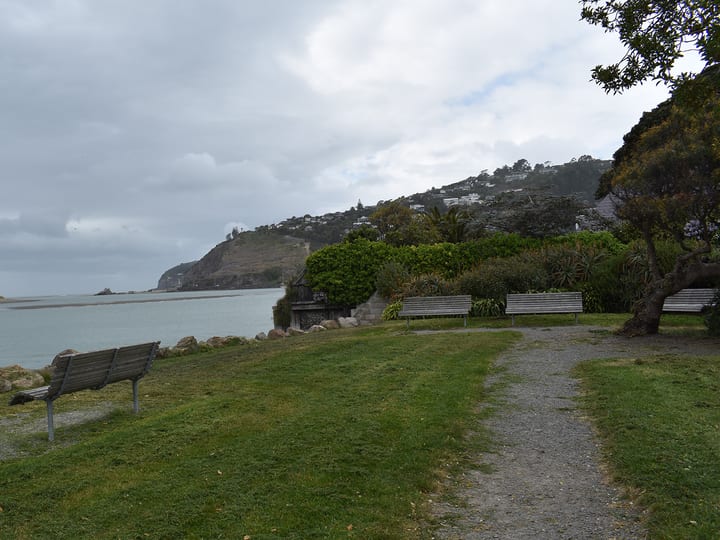 Grassed reserve with benches alongside an estuary and headland