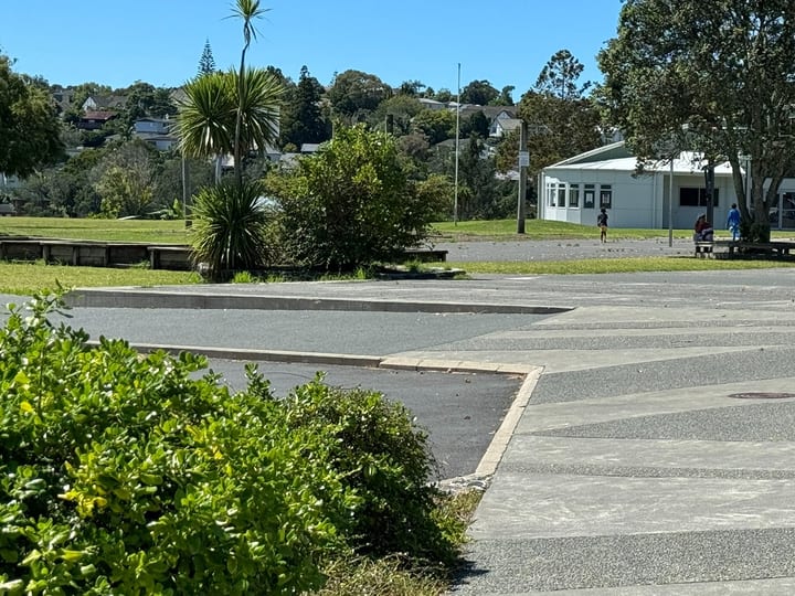 School grounds with paved courtyard, lawn, and buildings in background