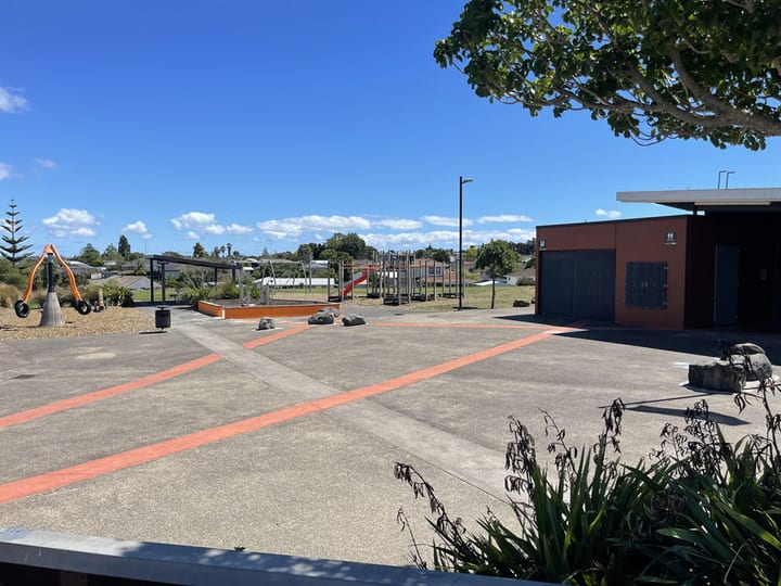 Outdoor basketball and netball courts with playground and building visible