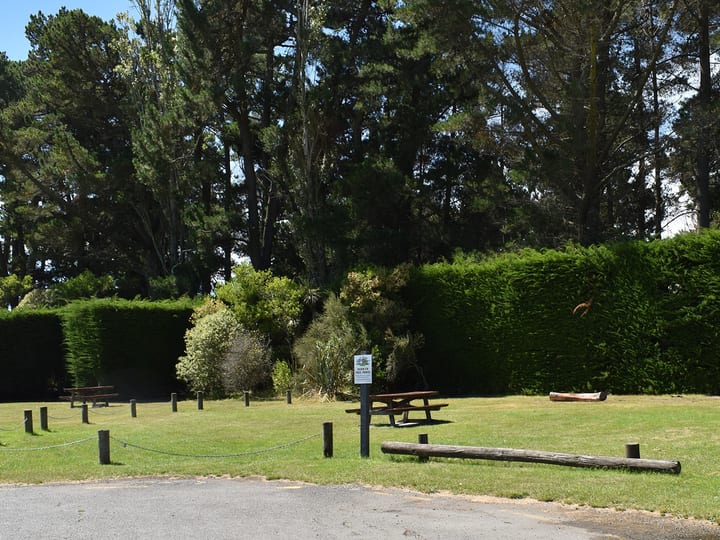 Sheltered picnic area with tables, hedging and tall trees