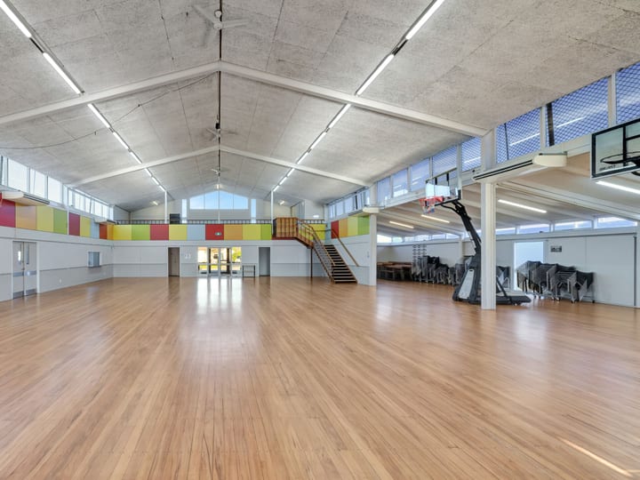 Large sports hall with timber floor, vaulted ceiling, colourful wall panels and basketball hoop