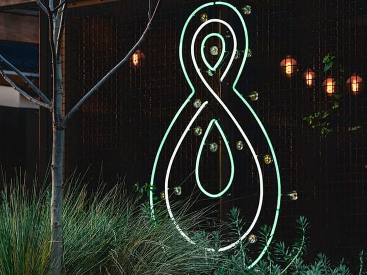 Neon infinity symbol artwork on dark timber exterior wall with planting in foreground