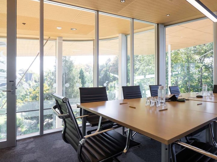 Boardroom with rectangular table, executive chairs, and tree views through full-height windows