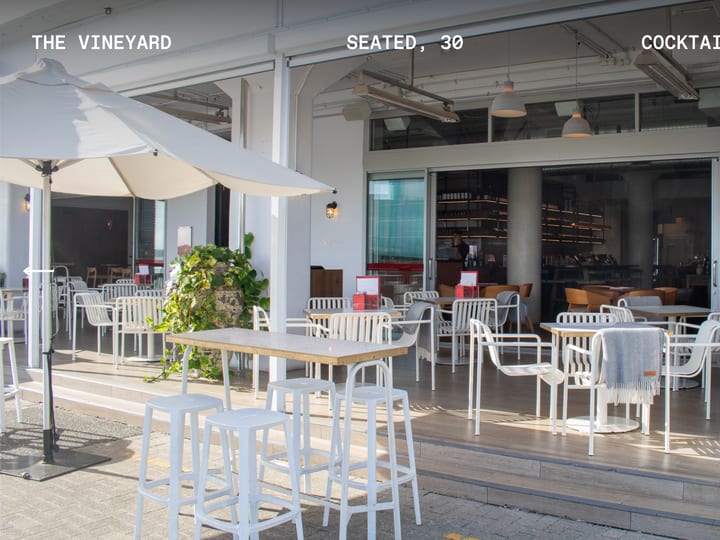 Open-air terrace dining area with white chairs and capacity text overlay