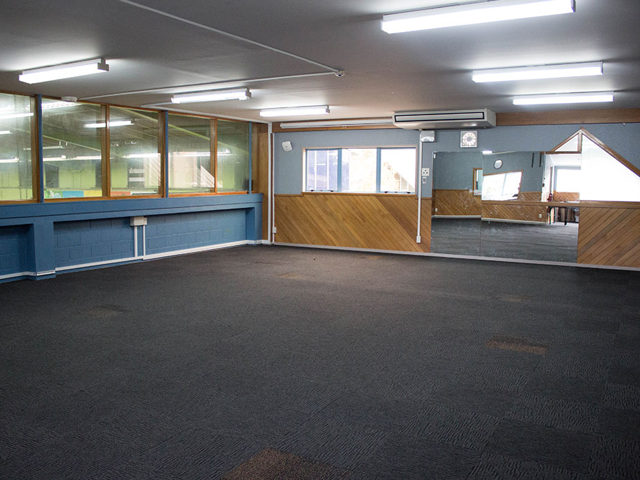 Empty multipurpose room with carpet, mirrors and large windows